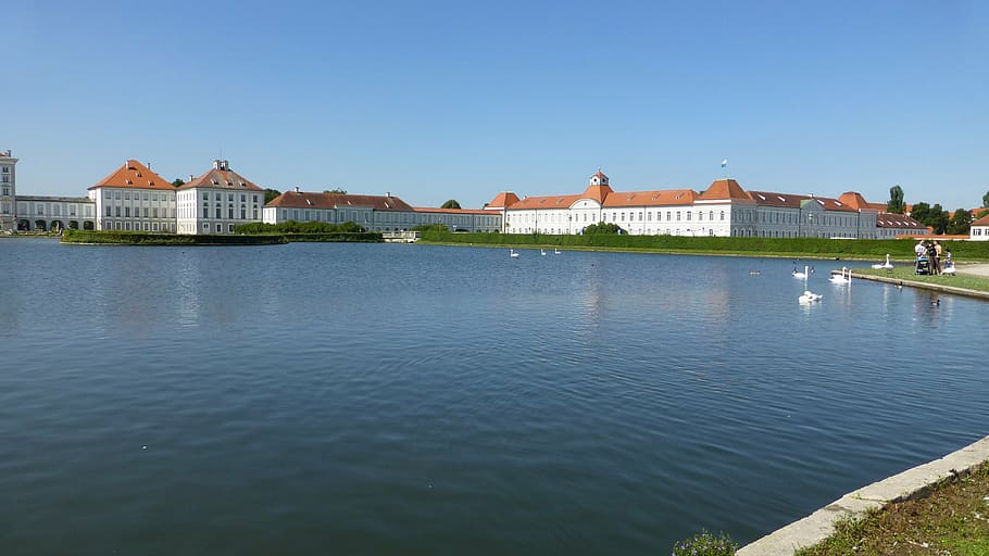 bavaria, castle nymphenburg, munich, water, lake, sky, blue, HD wallpaper