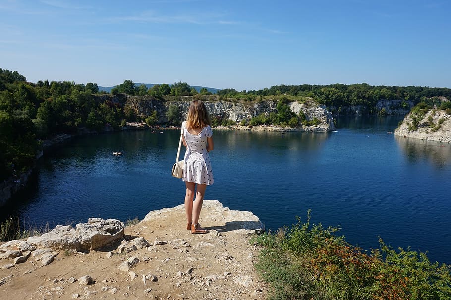 summer, sky, water, view, lagoon, rocks, holidays, one person HD wallpaper