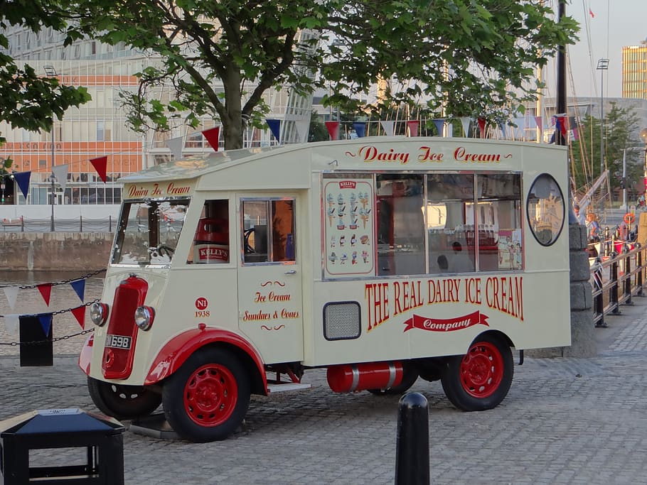 ice cream van, transportation, city, architecture, red, text HD wallpaper