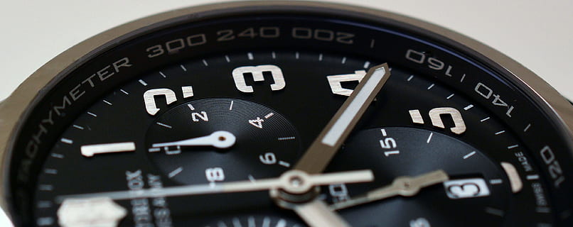 closeup photo of round black chronograph watch, clock, time HD wallpaper