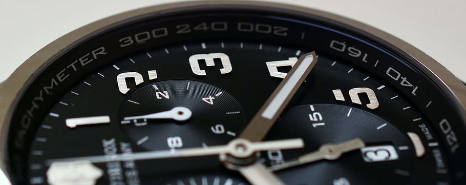 closeup photo of round black chronograph watch, clock, time HD wallpaper