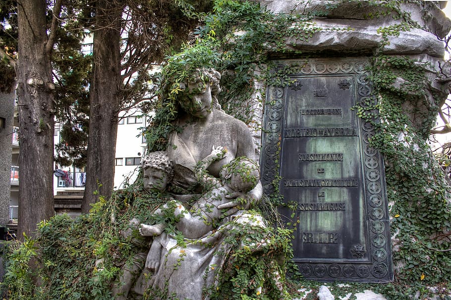 buenos aires, argentina, recoleta cemetery, tomb, statue, ivy, HD wallpaper