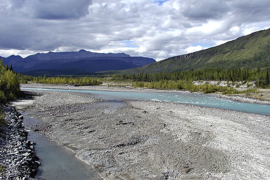 River, Mountains, Landscape, Nature, river bed, sediments, sky, HD wallpaper