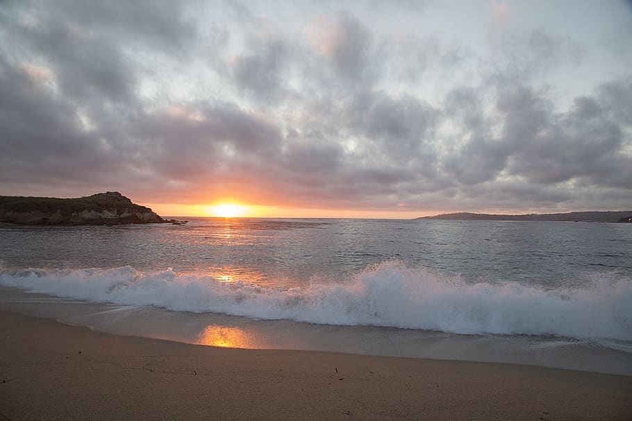 surf, beach, ocean, shore, sunset, waves, scenic, sand, water HD wallpaper