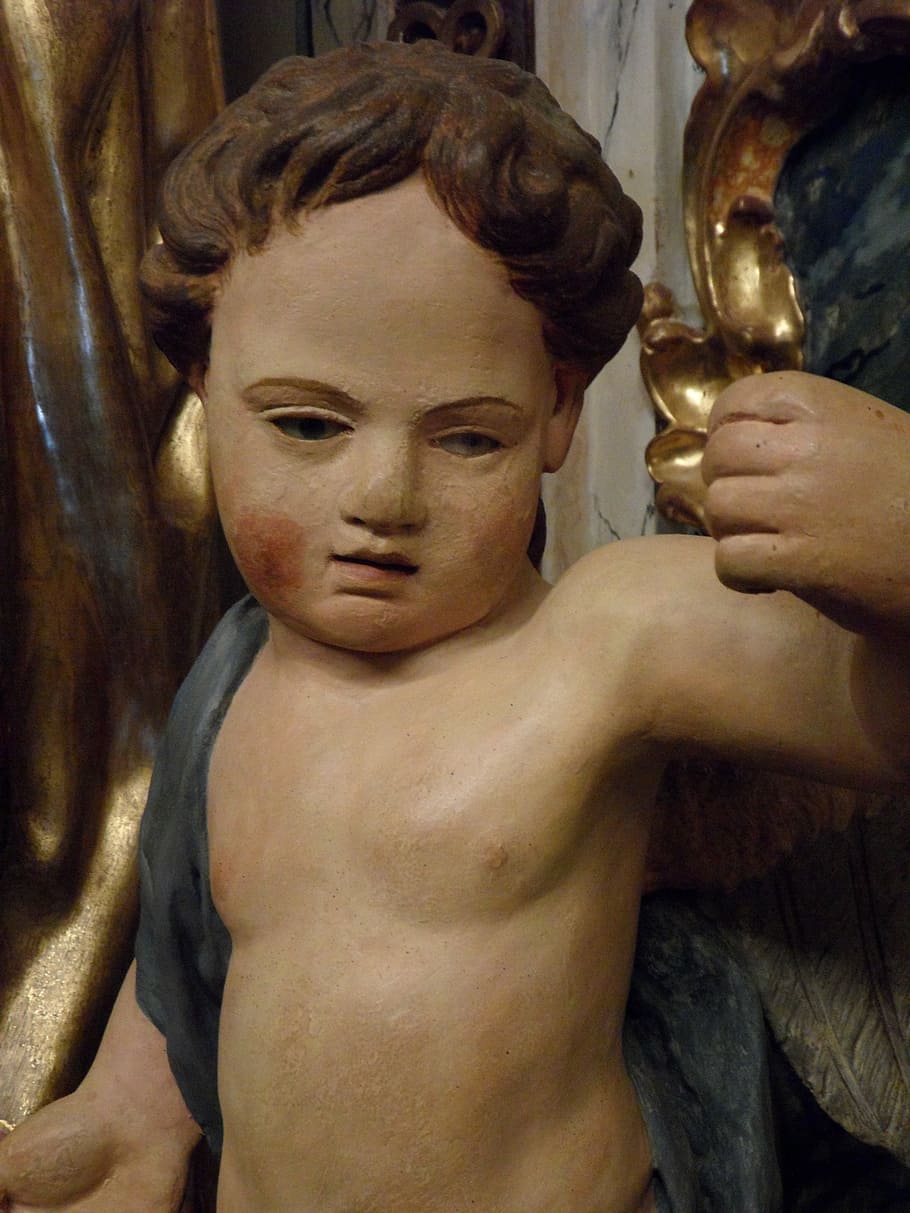 cherub, child, angel, face, angel figure, sculpture, close, HD wallpaper