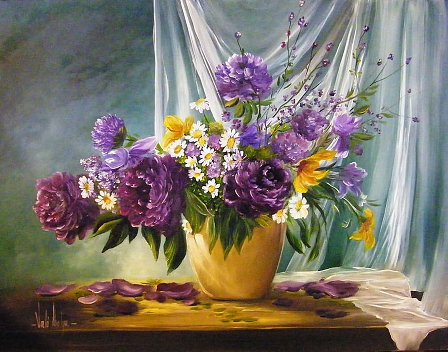 painting of purple flower arrangement, picture, art, menstruation, HD wallpaper