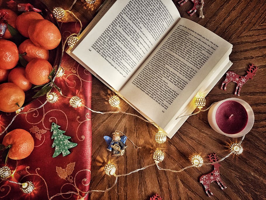 opened book, fruit, orange, candle, ornament, food and drink HD wallpaper