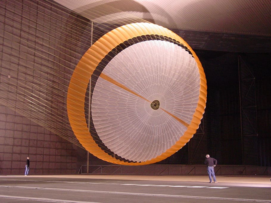mars rover, parachute, large, men, building, testing, inside HD wallpaper