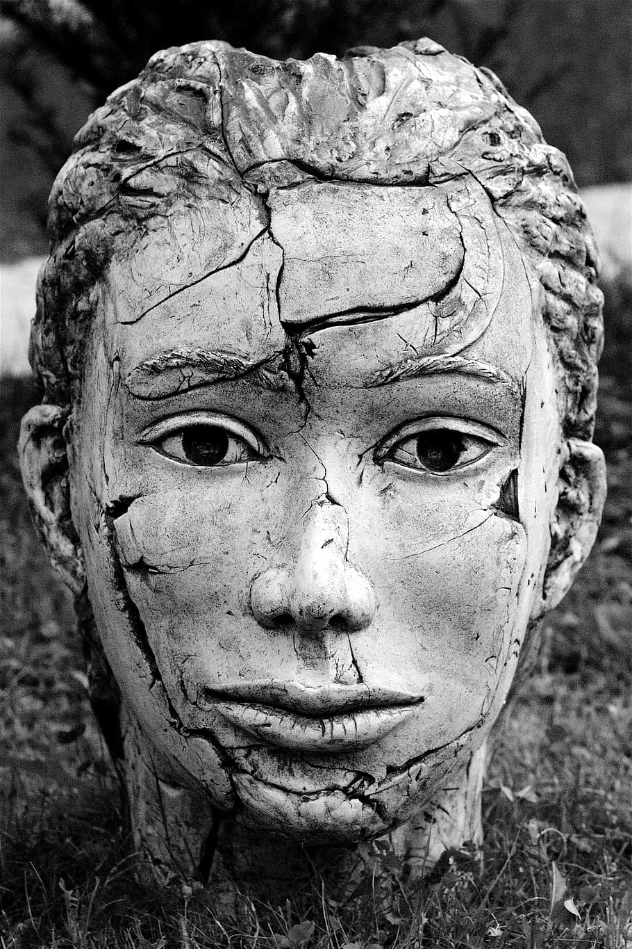 grayscale photography of cracked head bust on ground, mouth, eyes