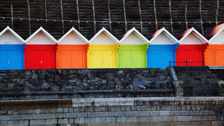 assorted-color wooden doors, architecture, beach, bright, cabin HD wallpaper