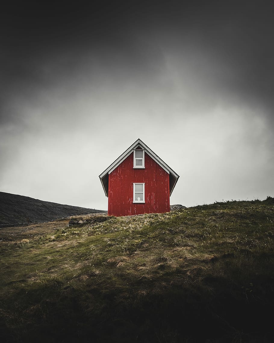 photo of red barn house on top of hill, brown portable shed, cabin HD wallpaper