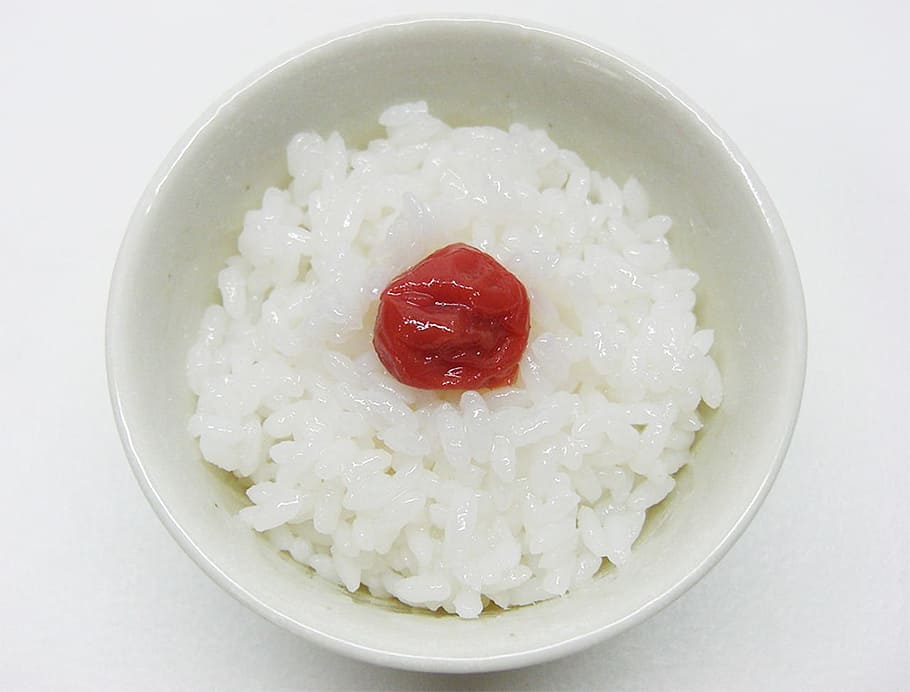 rice in white ceramic bowl, Food, Pickled, Plum, Salted, japanese, HD wallpaper