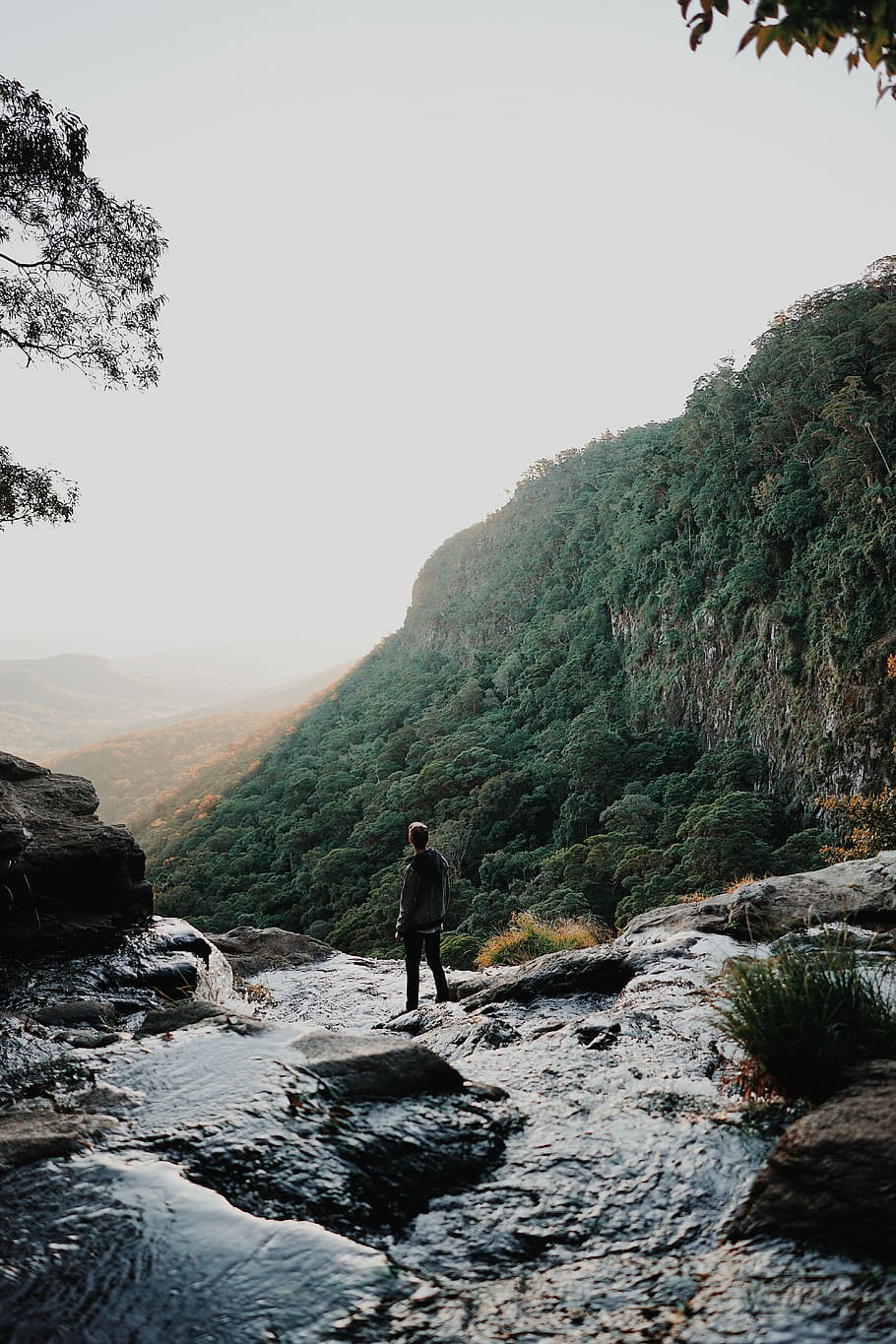 man standing on waterfall cliff overlooking side of mountain with green trees at daytime, man standing beneath the cliff HD wallpaper