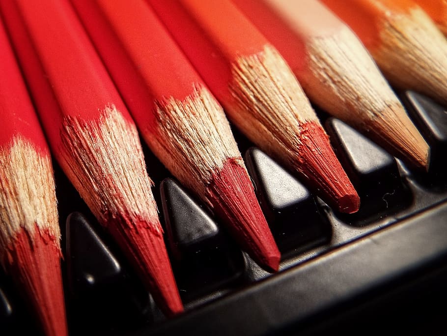 crayons, macro, red, drawing, still life, art and craft, large group of objects HD wallpaper