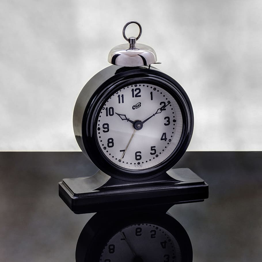 alarm clock, time, arrows, dial, vintage, call, black-and-white background HD wallpaper