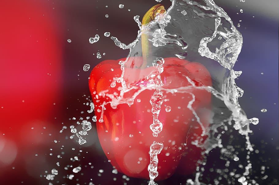 red bell pepper with water splashed photo, paprika, red pepper, HD wallpaper