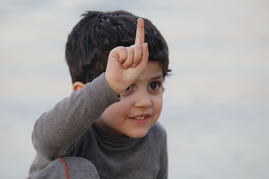child in long sleeve shirt pointing at the sky, kid, finger, up