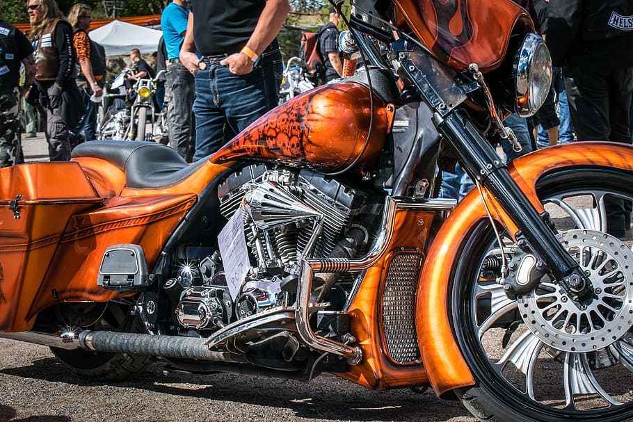 motorcycle, classic, exhibition, mode of transportation, orange color HD wallpaper