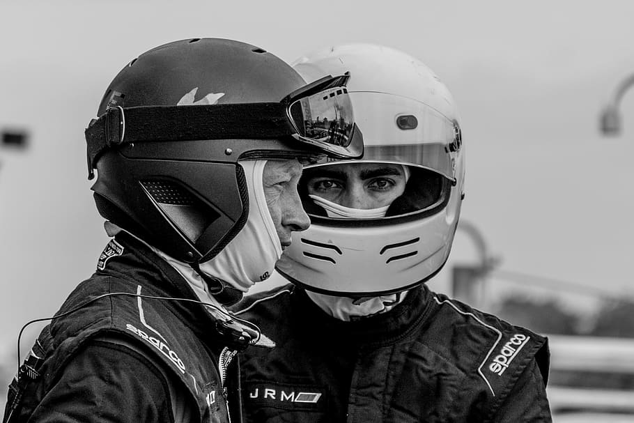two man wearing helmets, grayscale photography of two men wearing helmets HD wallpaper