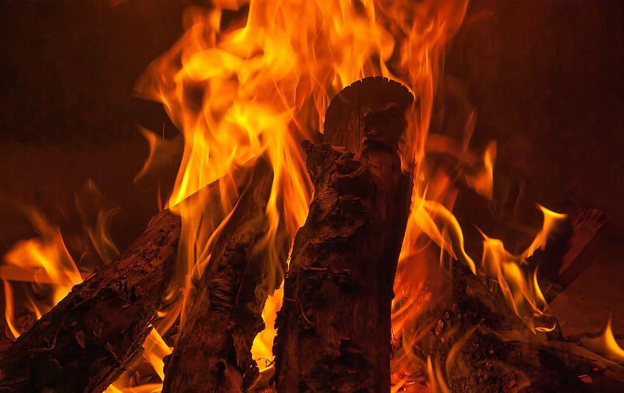 pile of firewood on fire, fireplace, heating, burning, flame HD wallpaper