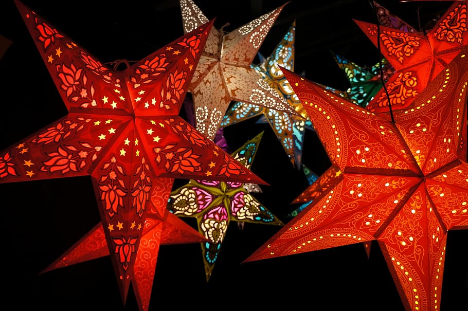 star, red, black, dark, night, light, colorful, decoration HD wallpaper