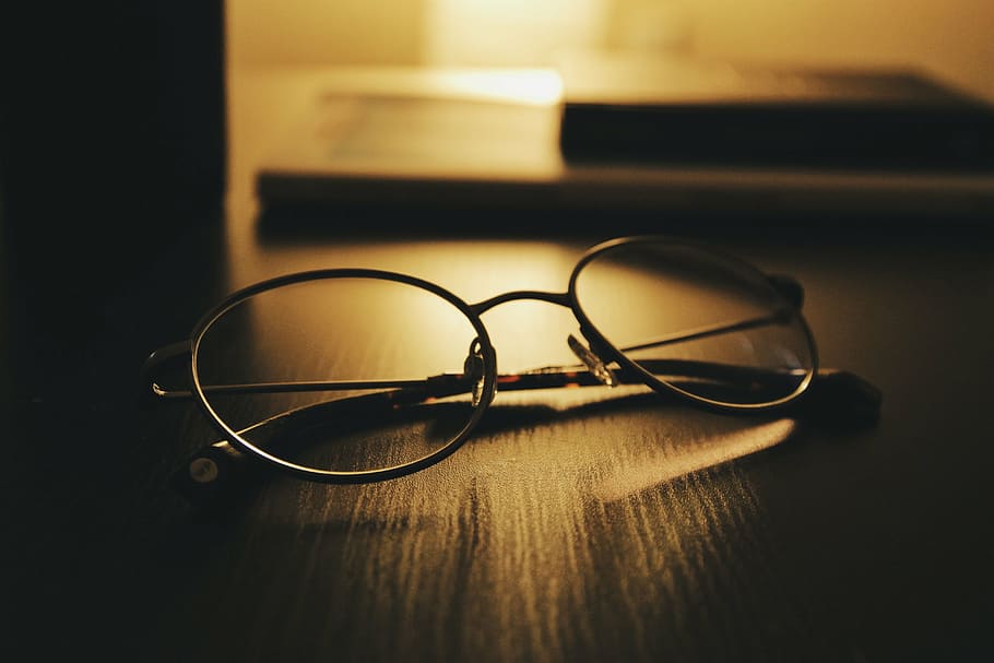 black framed eyeglasses on black surface, eyewear, table, dark HD wallpaper