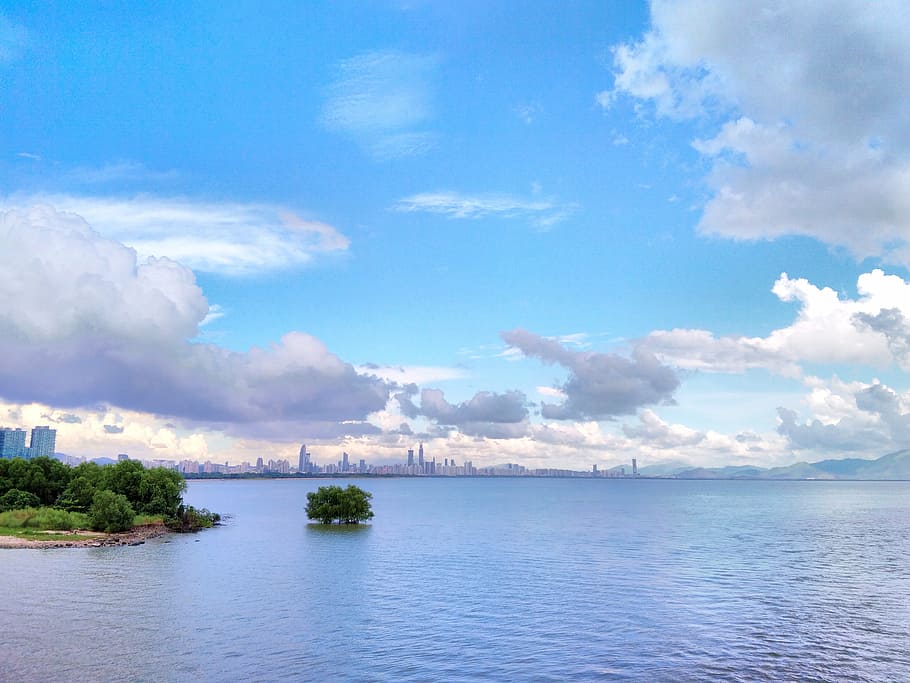 white cloud, blue sky, coast, sea view, cloud - sky, water HD wallpaper