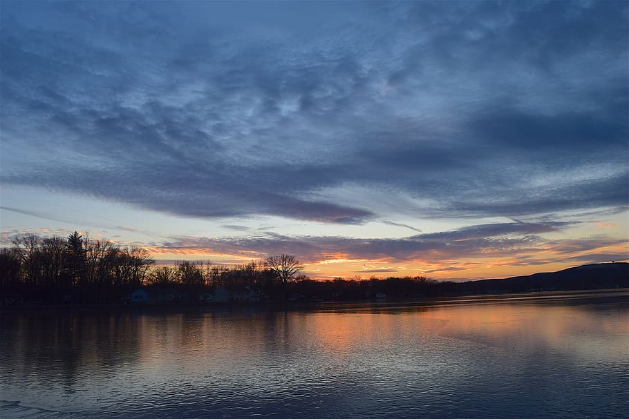 lake, sunset, ice, clouds, trees, nature, reflection, sky, outdoor HD wallpaper