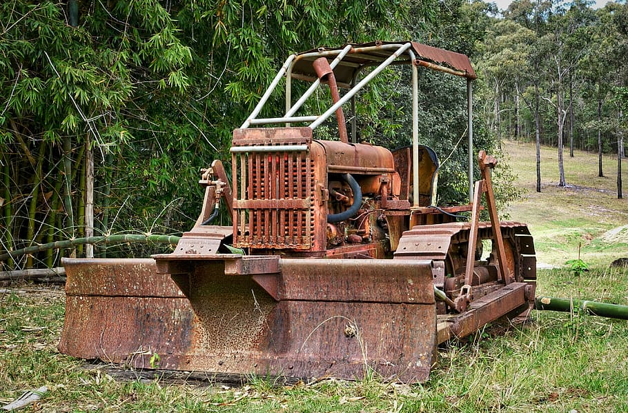 bulldozer, rusty, construction, tractor, earthmover, excavator, HD wallpaper