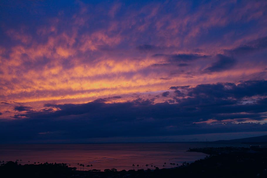 sunset, pink, blue, clouds, seascape, nature, hawaii, purple HD wallpaper