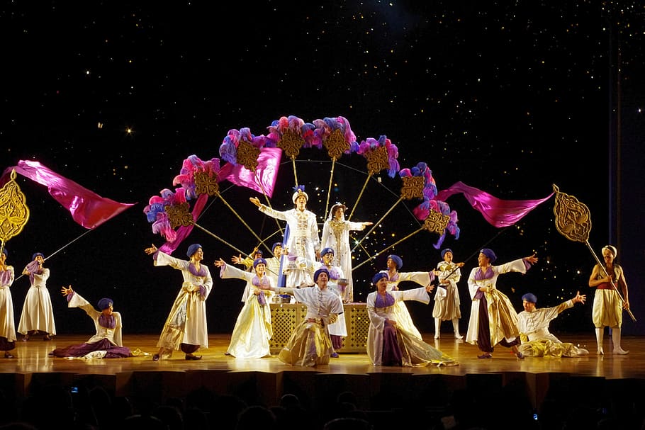 group of people preforming on stage, Aladdin, Theater, Cast, Play