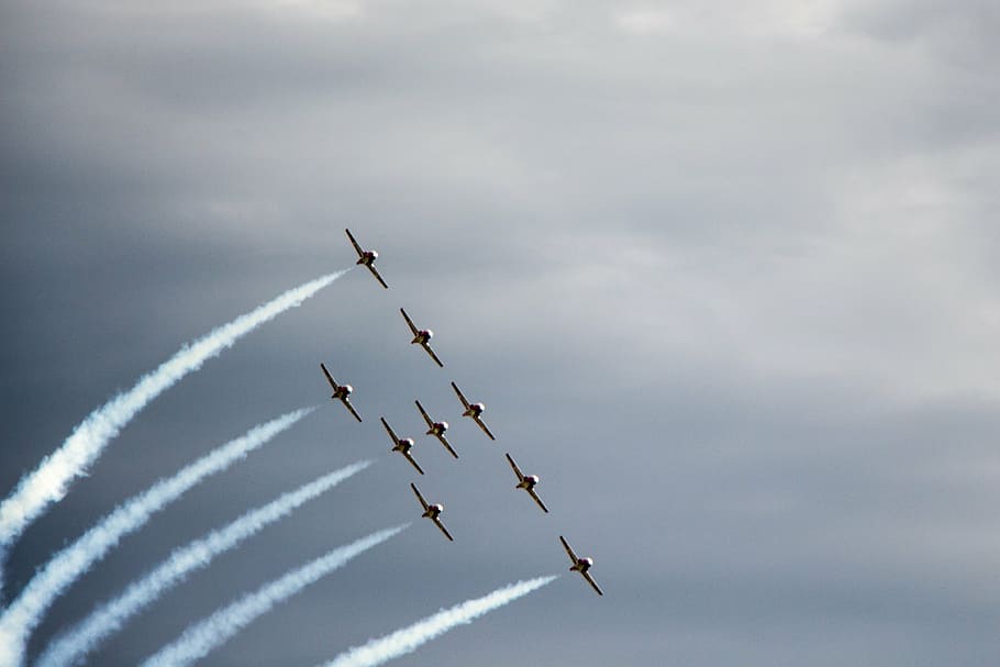 gray jet planes under white clouds, canadian, snowbirds, flying, HD wallpaper
