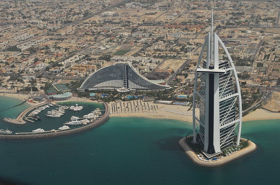 Burj Al Arab, Dubai, Burj Khalifa Dubai, beach, hotel, yacht, HD wallpaper