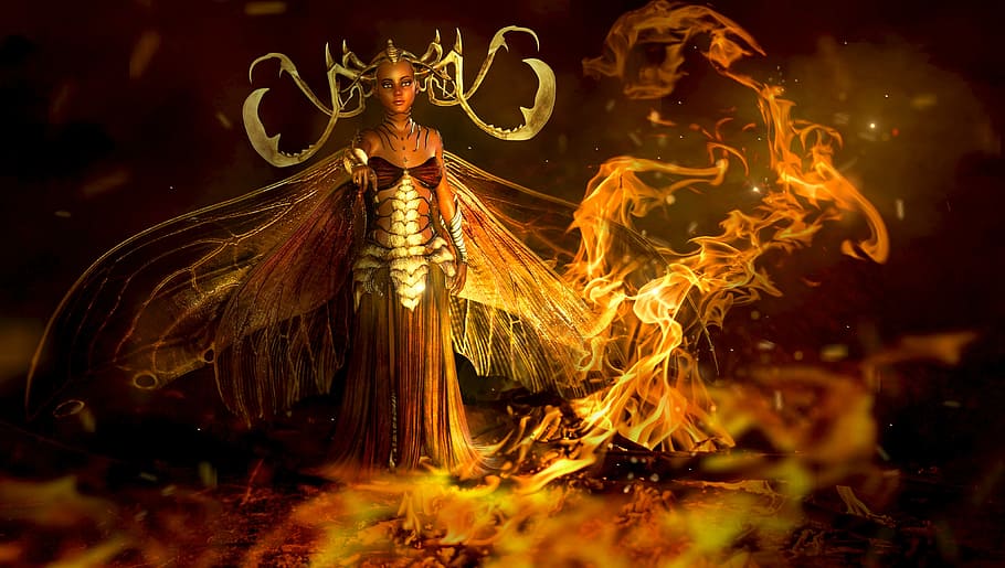woman with wings, fantasy, fire, fee, elf, mystical, surreal, HD wallpaper