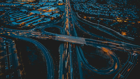 aerial view of city, aerial photo of bridges and roads, intersection HD wallpaper