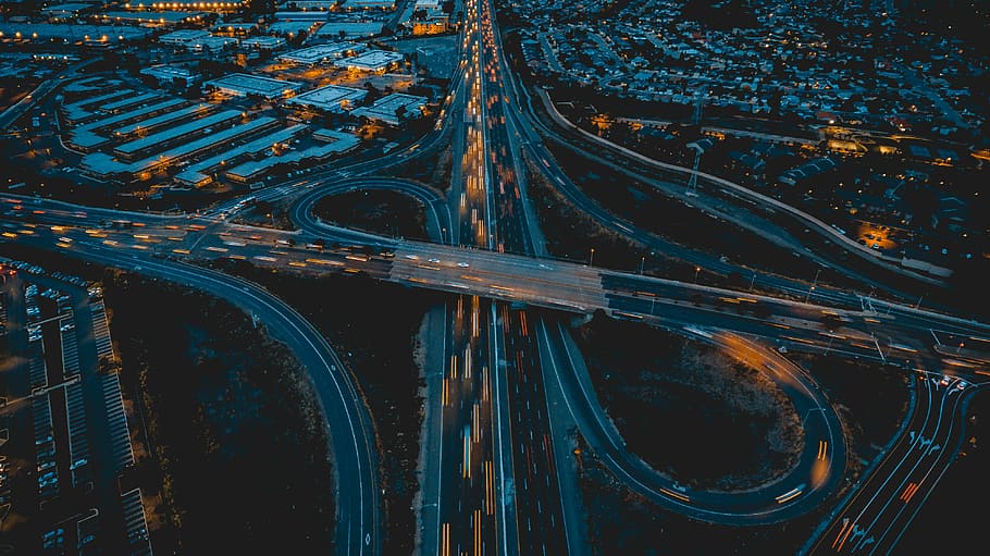 aerial view of city, aerial photo of bridges and roads, intersection HD wallpaper