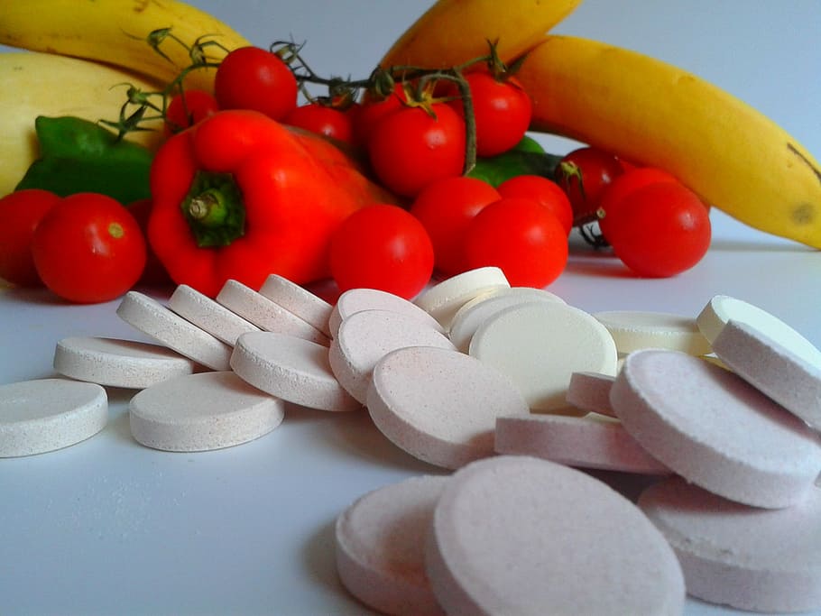 tomatoes, bell pepper, and ripe bananas, Vitamins, Tablets HD wallpaper