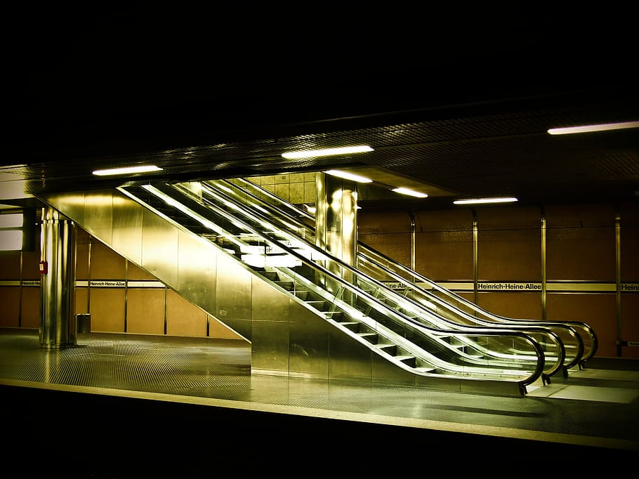 escalator, metro, handrails, movement, underground, railway station, HD wallpaper