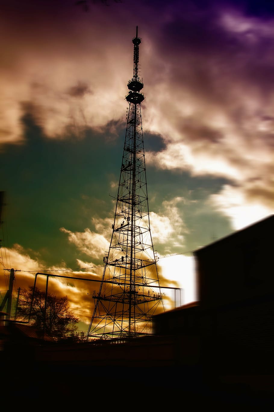 television tower, evening, clouds, technology, communication HD wallpaper