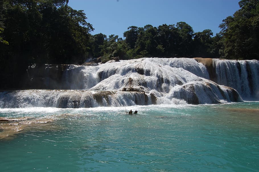 waterfalls surrounded trees, flowing, rushing, nature, turquoise HD wallpaper