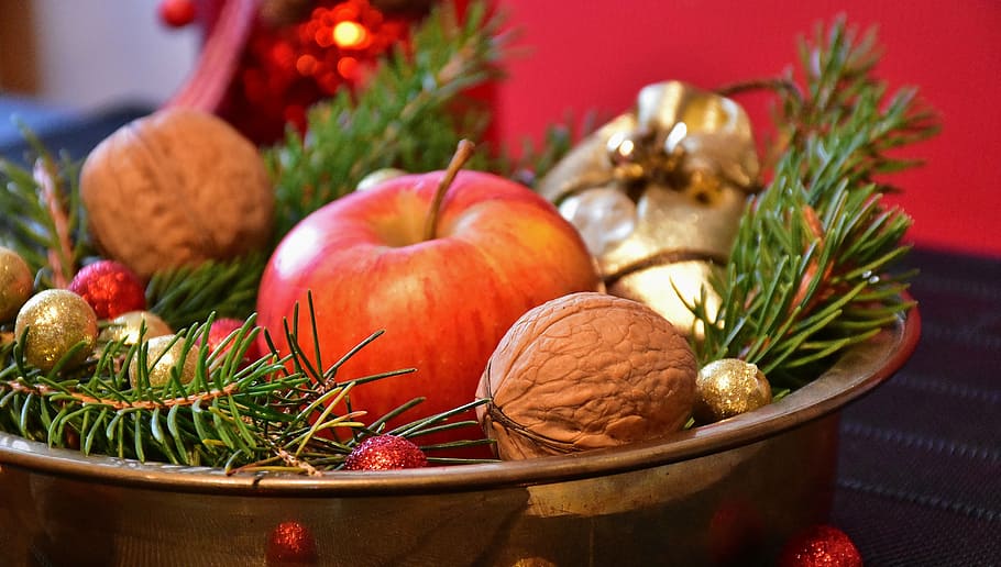 advent, apple, balls, basin, branches, celebration, christmas HD wallpaper