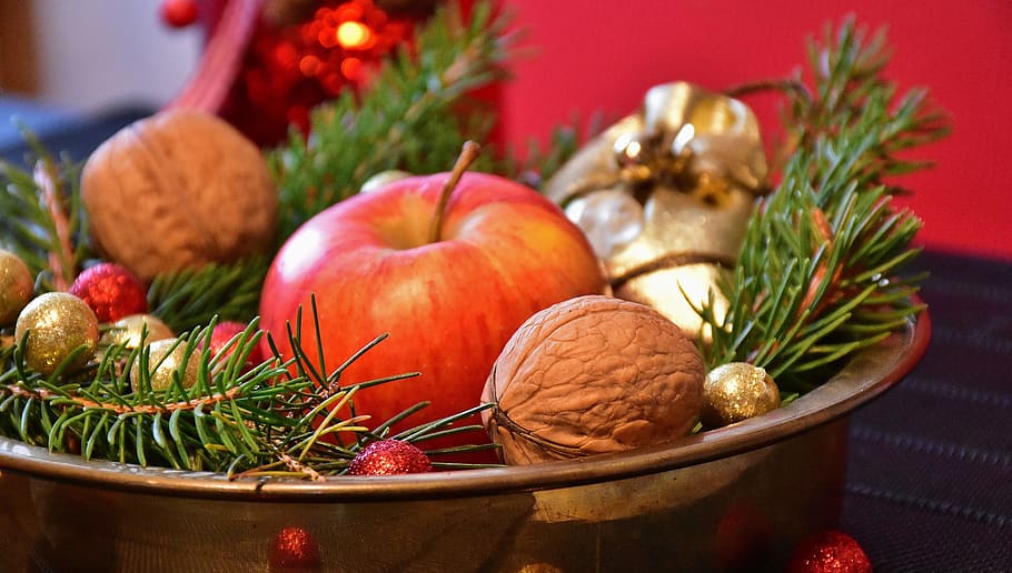 shallow focus photography of apple, advent, walnuts, christmas, HD wallpaper