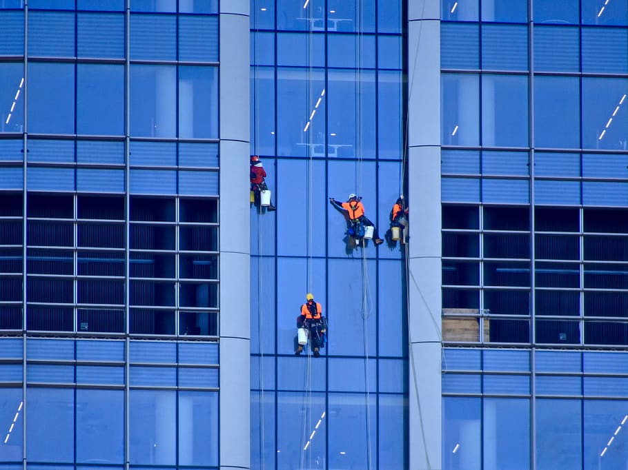 HD wallpaper: window washer, abseiling, cleaning, glass, building