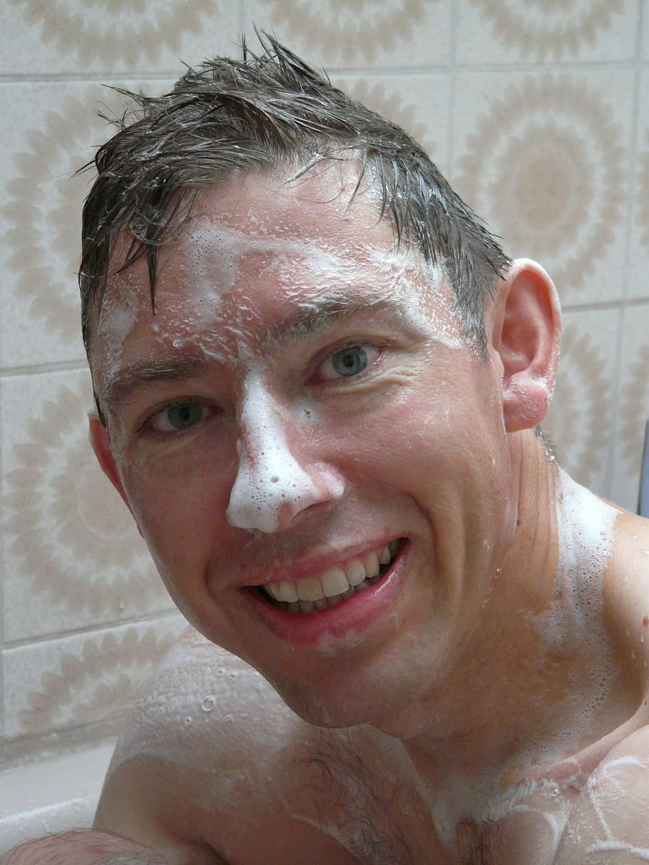 man smiling, Swim, Wash, Shower, Face, Soap, Foam, clean, funny
