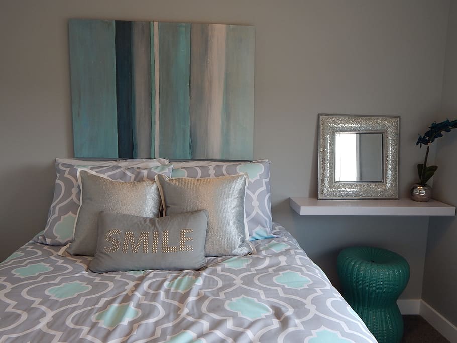 grey and blue bed and pillow cover set, bedroom, pillows, comforter HD wallpaper