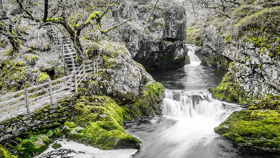 aerial view photography of river, green, long exposure, ingleton HD wallpaper