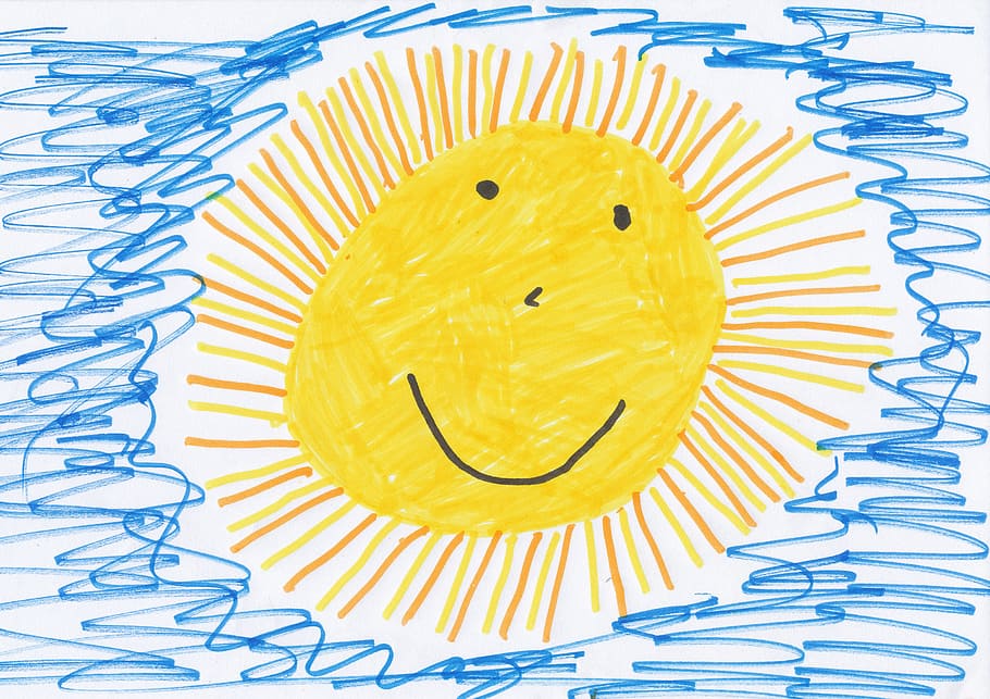 yellow sun illustration, children drawing, image, paint, children picture HD wallpaper