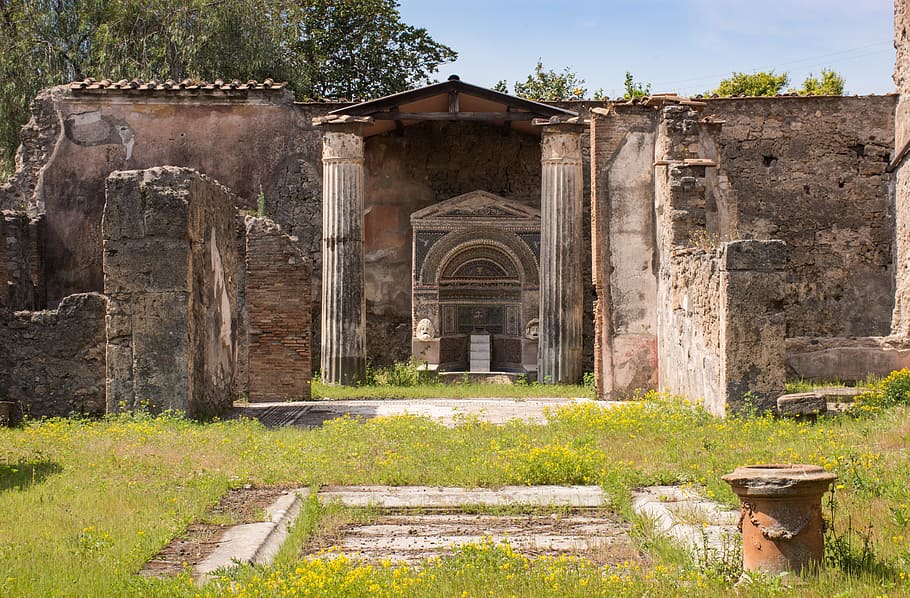 pompeii, columnar, fountain, home, excavation, ancient romans, HD wallpaper