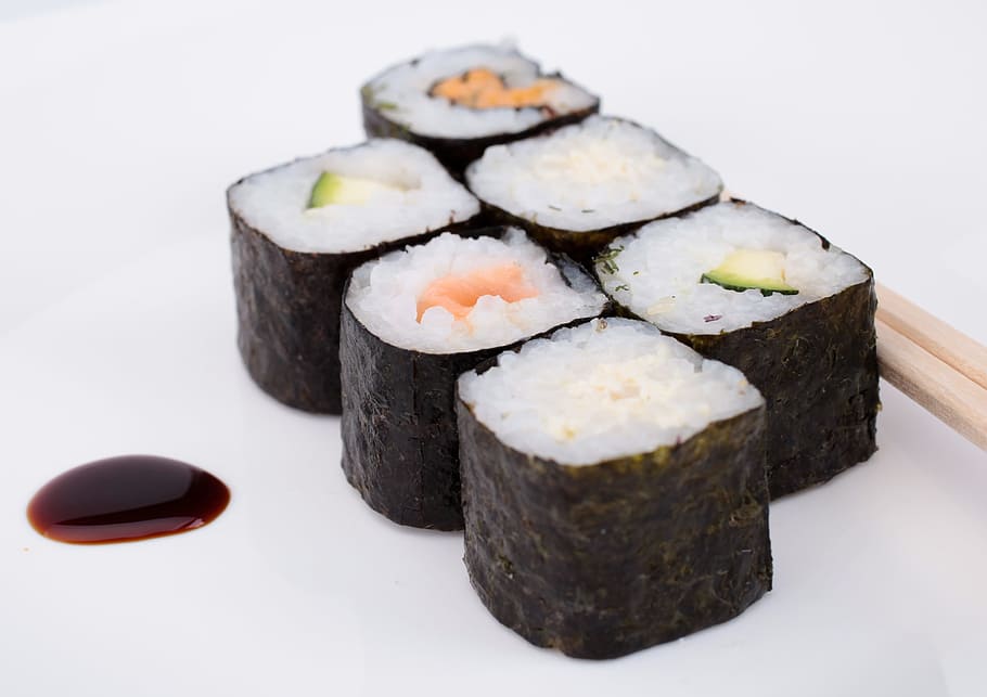 six sushi rolls, Raw, Fish, Delicious, raw fish, asia, eat, food
