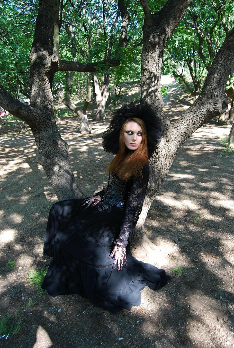 woman wearing black floral long-sleeved gown sitting on tree HD wallpaper